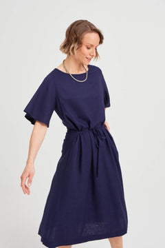 Nika Round Neck Dress With Butterfly Sleeves Black-Blue