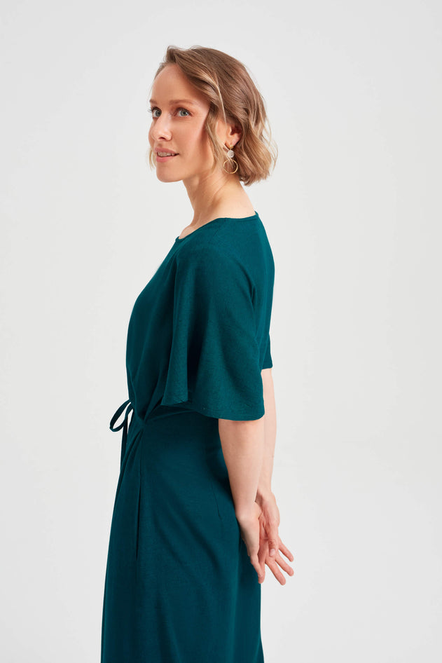 Nika Round Neck Dress With Butterfly Sleeves Deep Teal