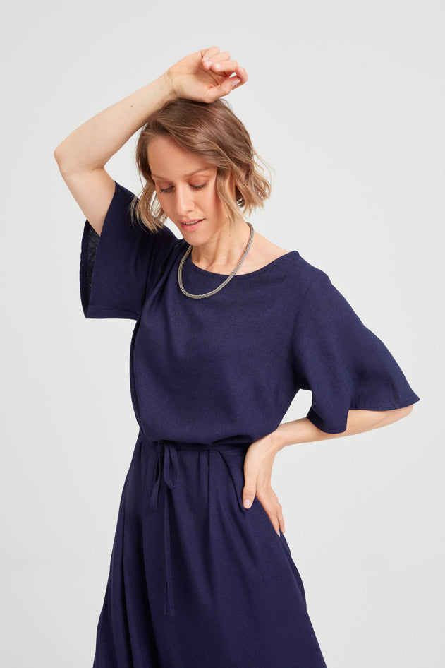 Nika Round Neck Dress With Butterfly Sleeves Black-Blue