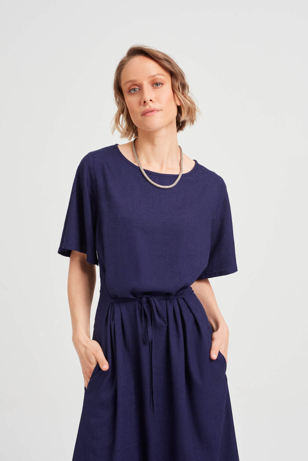 Nika Round Neck Dress With Butterfly Sleeves Black-Blue