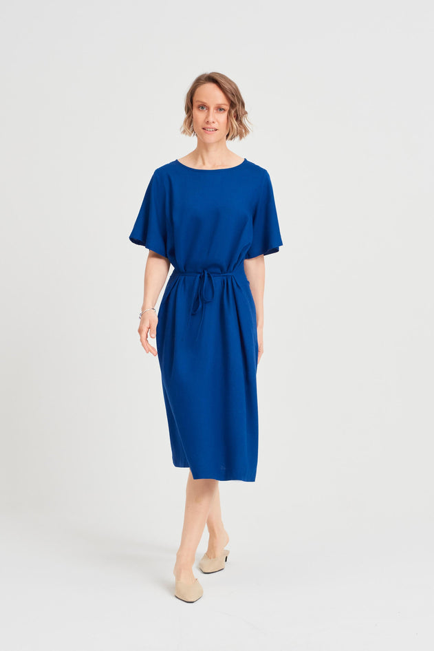 Nika Round Neck Dress With Butterfly Sleeves Ocean Blue