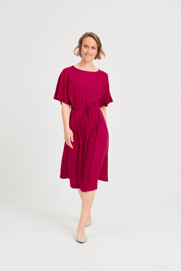 Nika Round Neck Dress With Butterfly Sleeves Cherry Red