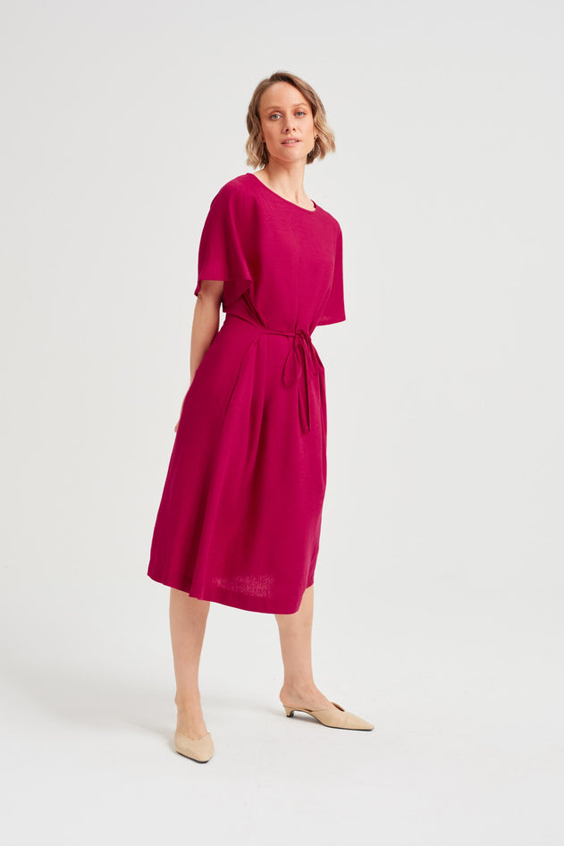 Nika Round Neck Dress With Butterfly Sleeves Cherry Red