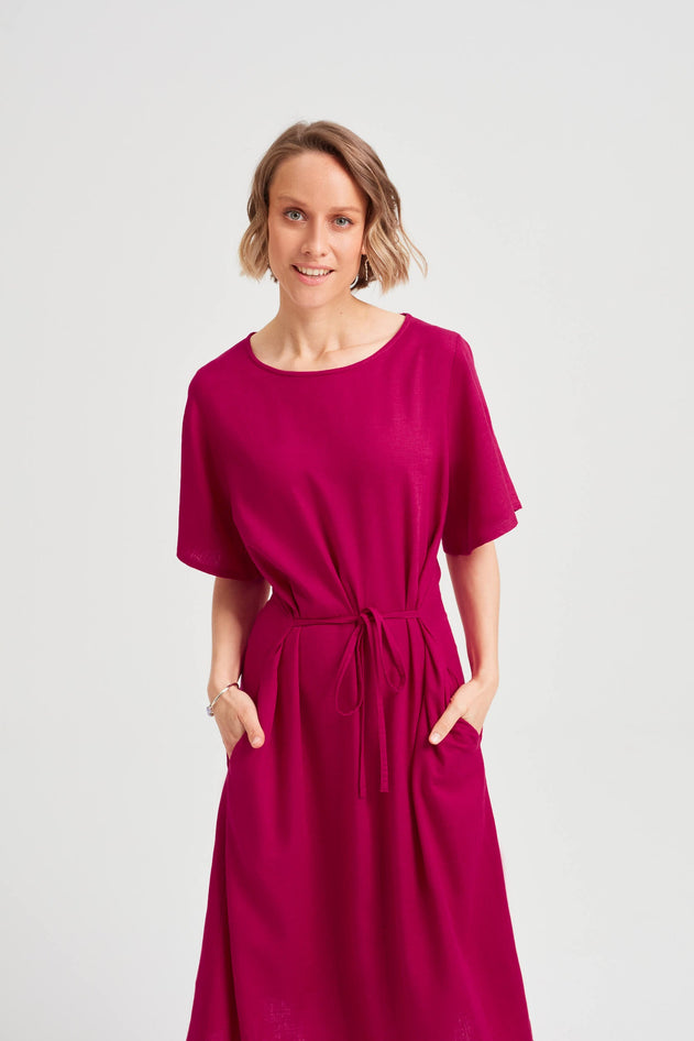 Nika Round Neck Dress With Butterfly Sleeves Cherry Red