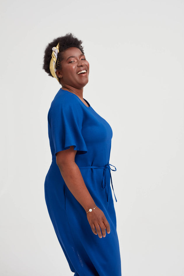 Nika Round Neck Dress With Butterfly Sleeves Ocean Blue