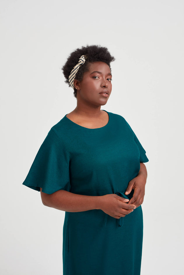 Nika Round Neck Dress With Butterfly Sleeves Deep Teal