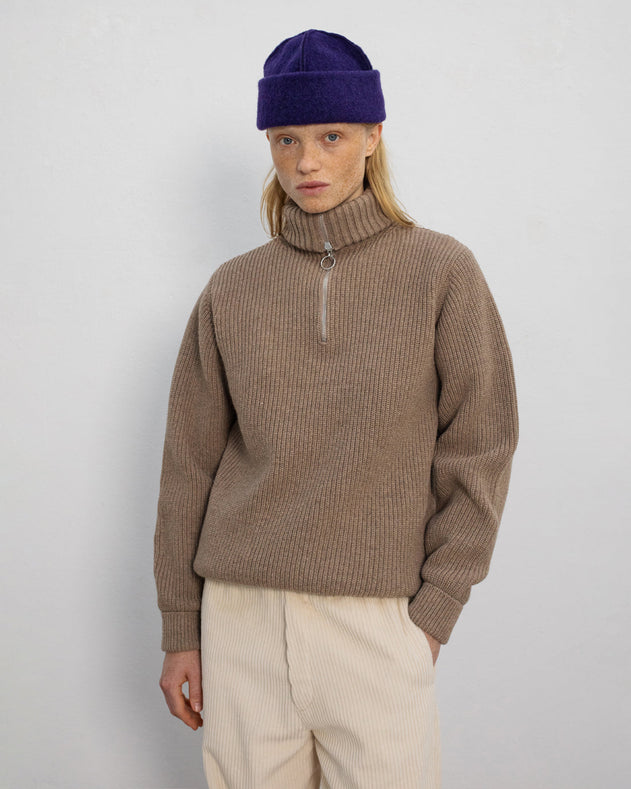 Heavy Knit Unisex Troyer Beige