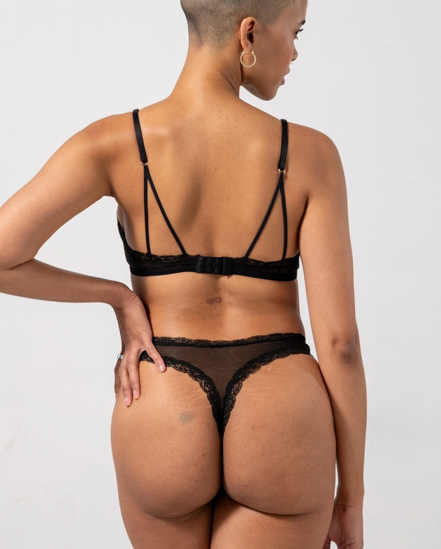 Mesh Lace Trim Thong Black