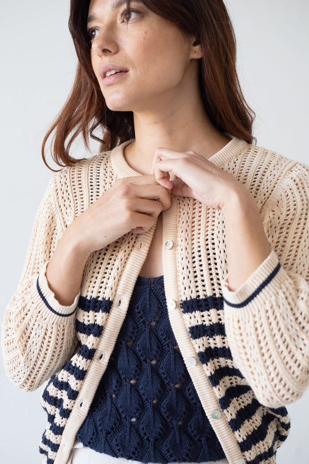 Bibi Openwork Oversize Cardigan Two-Tone Beige