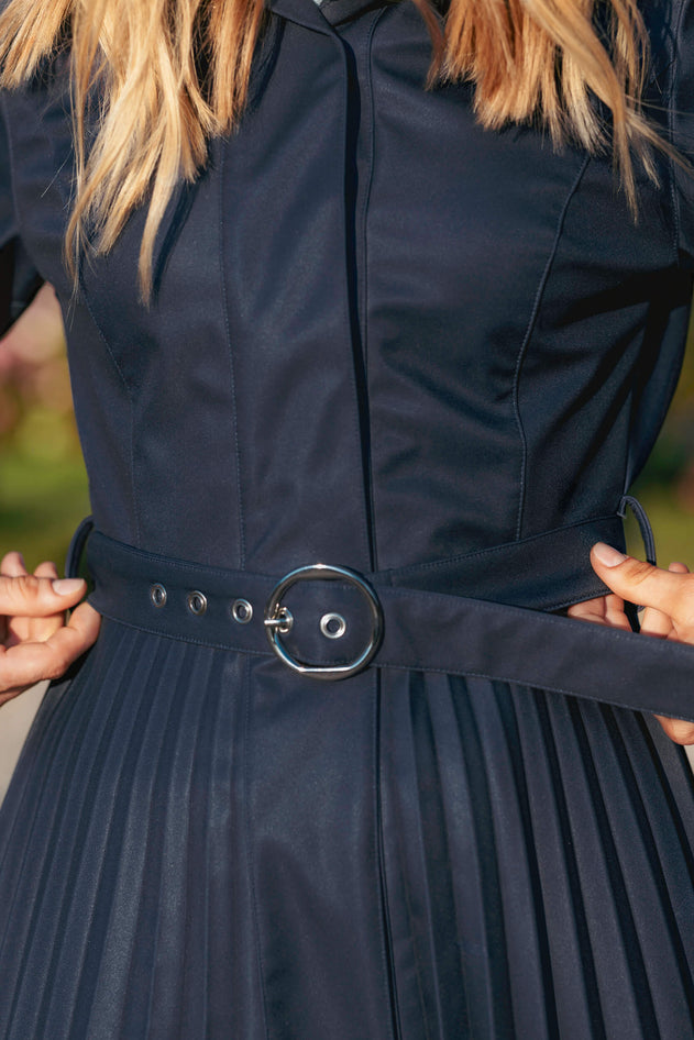 Fit and Flare Blue Women’s A-Line Coat with Pleated Skirt | Blue Serenade