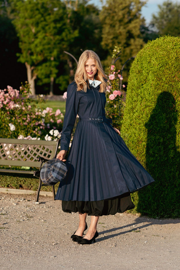 Fit and Flare Blue Women’s A-Line Coat with Pleated Skirt | Blue Serenade