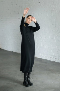 Turtleneck Knitted Merino Wool Sweater Dress Black