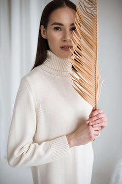 Turtleneck Knitted Merino Wool Sweater Dress Natural White