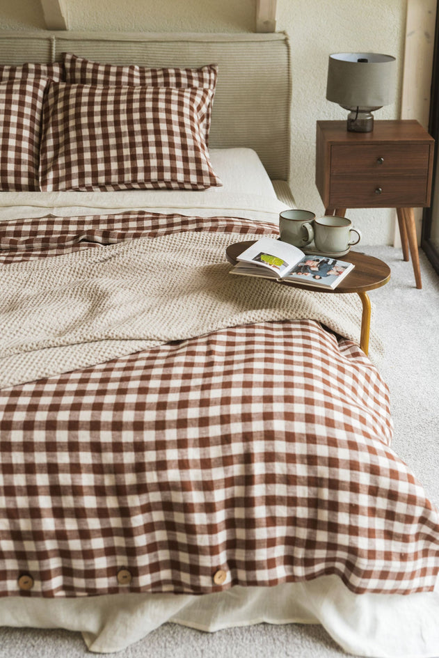 Linen Sheets Set Mocha Gingham