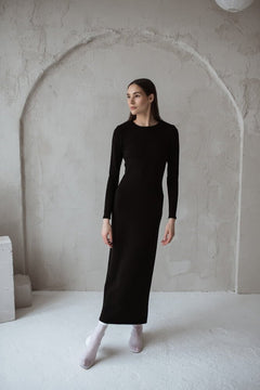 Knitted Slim Fit Merino Wool Midi Dress Black