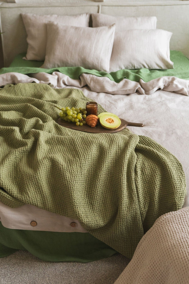 Linen Waffle Blanket Moss Green