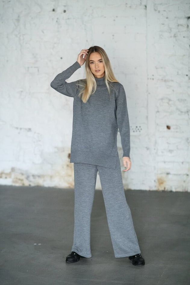 Knitted Merino Wool Pants & Sweater Set Grey