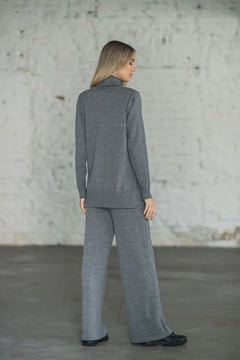 Back view of grey merino wool wide-leg pants