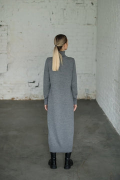 Turtleneck Knitted Merino Wool Sweater Dress Grey