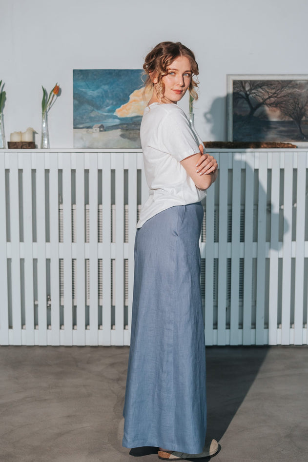 Women's Palazzo Linen Pants Dusty Blue