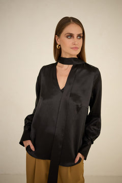 Silk Blouse With a Sash Black