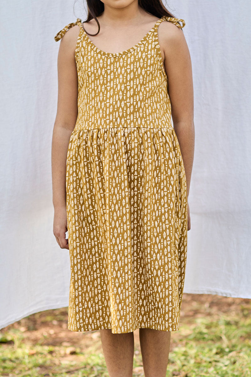 Lasten Strappy Tie Puuvillamekko Ethnic Mustard