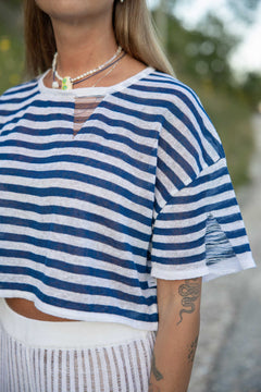 Energia Linen Crop Top Navy Striped