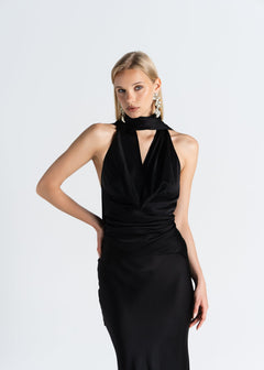 Halo Satin Backless Halter Top Black