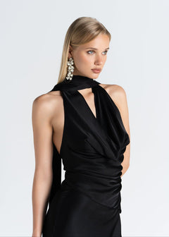 Halo Satin Backless Halter Top Black