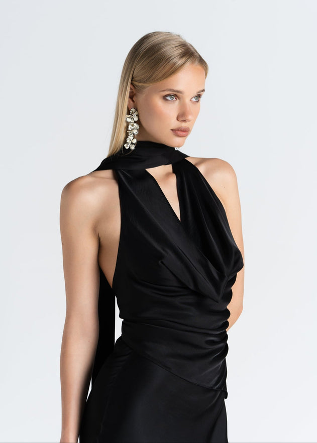 Halo Satin Backless Halter Top Black