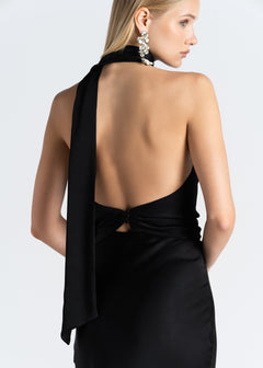 Halo Satin Backless Halter Top Black
