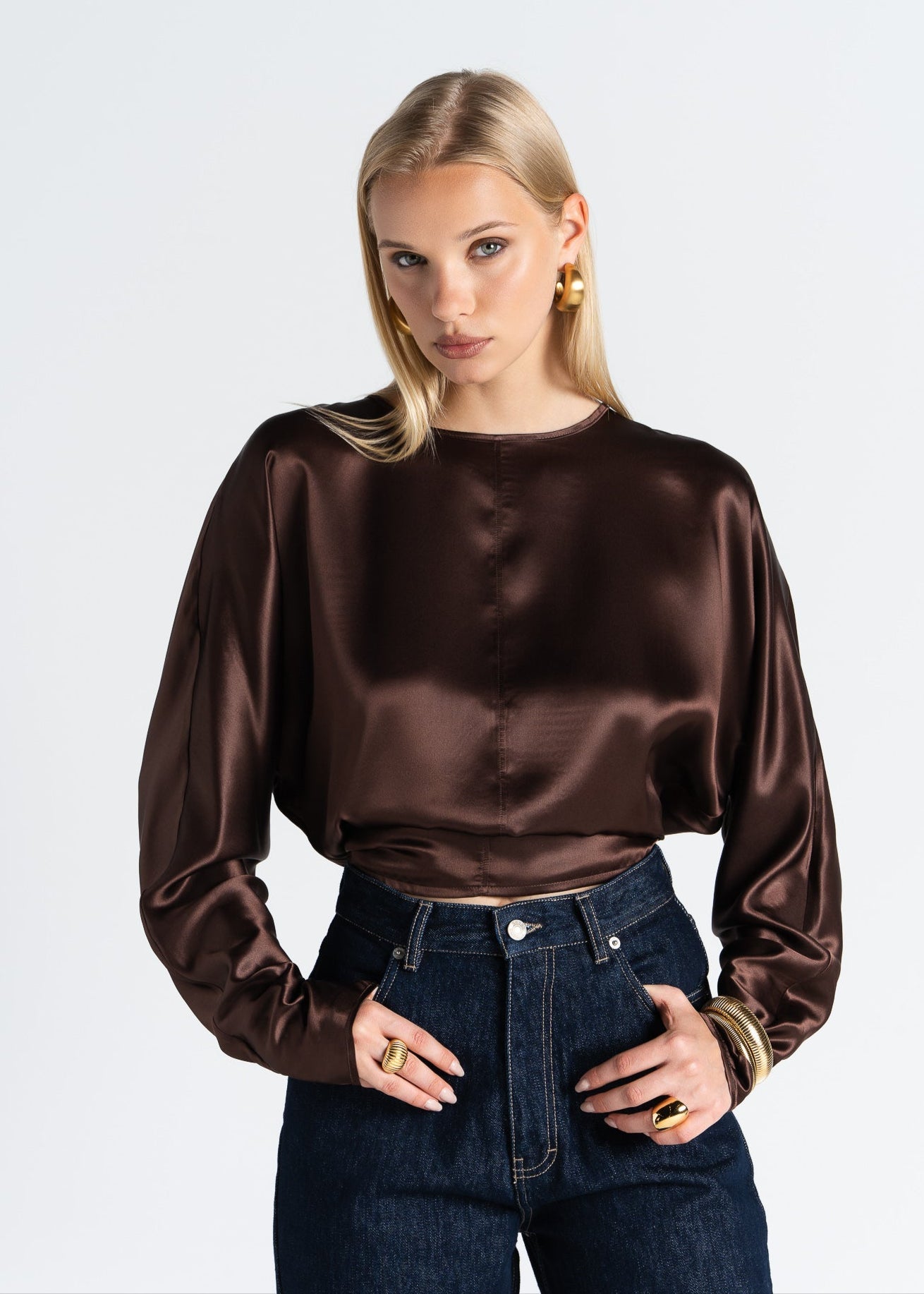 Halo Long Sleeve Silk Blouse Brown
