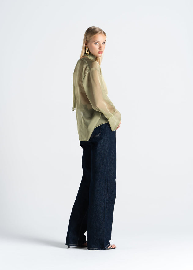 Haze Sheer Button-Up Blouse Green