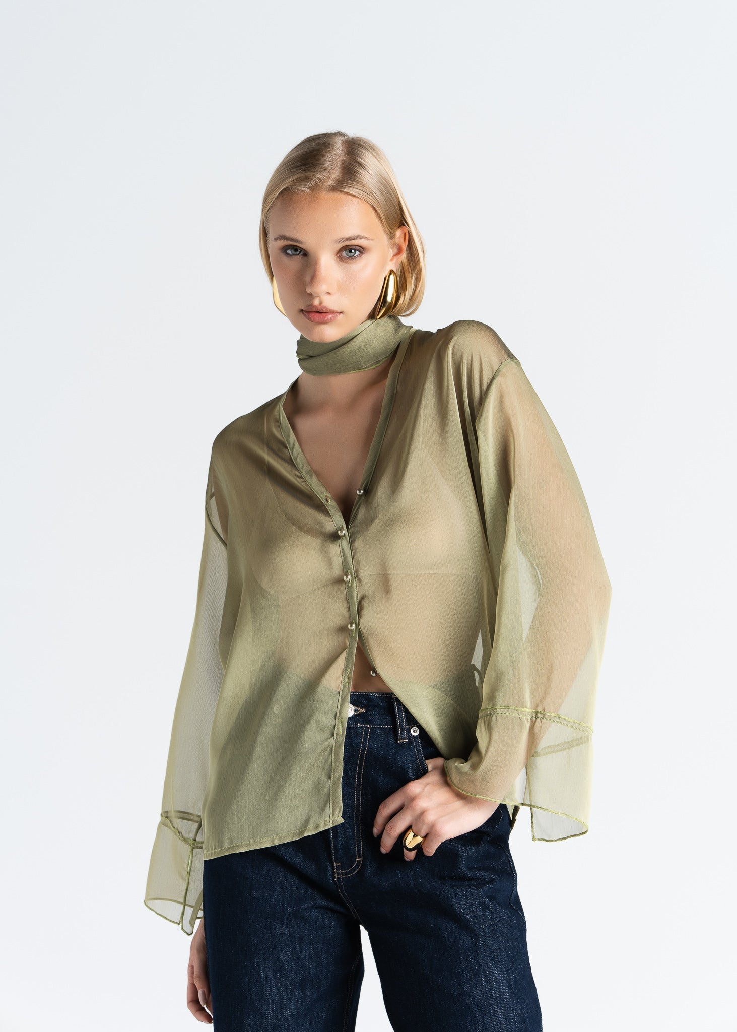 Haze Sheer Button-Up Blouse Green