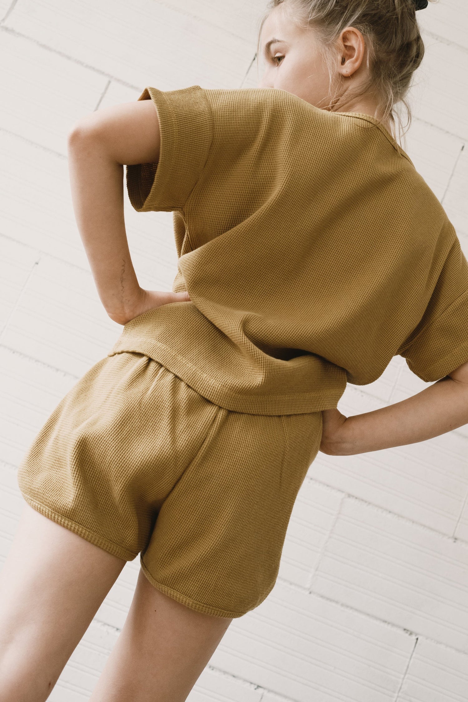 Kid's Huali Waffle Organic Cotton Shorts Mustard