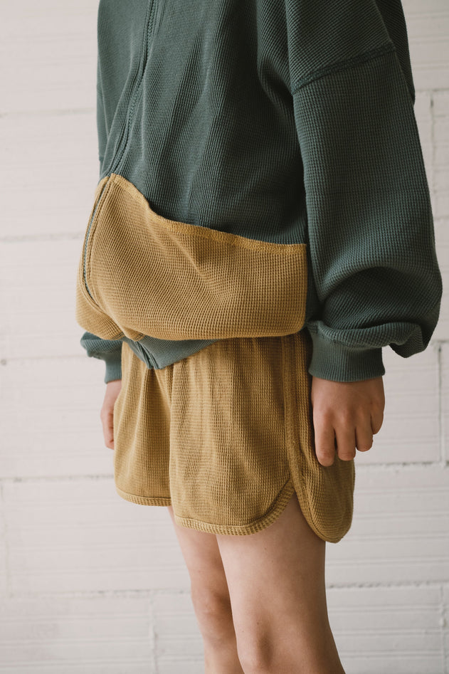 Kid's Helmi Waffle Hoodie Blue/Mustard