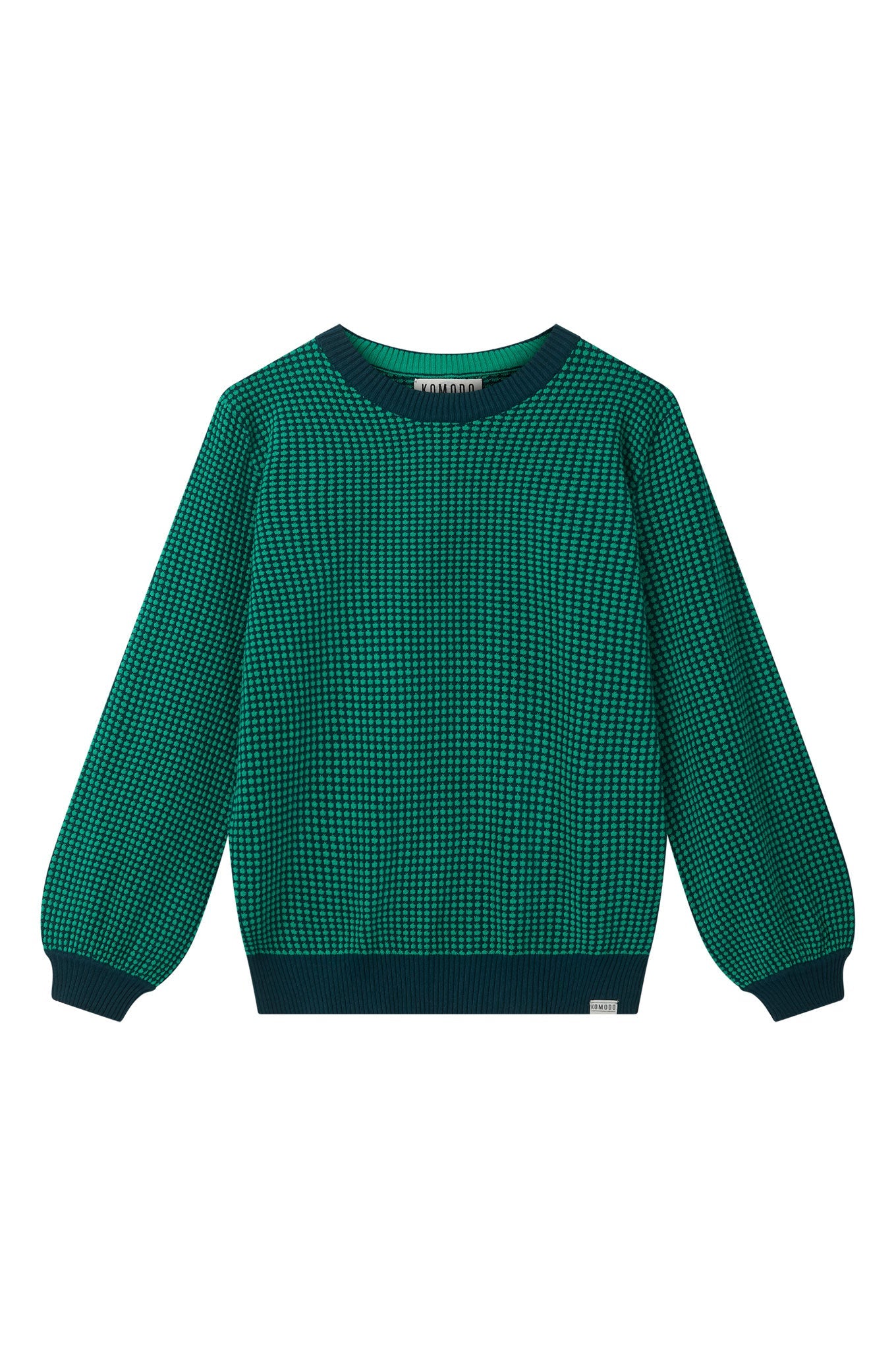 Woman wearing Komodo teal organic cotton jumper