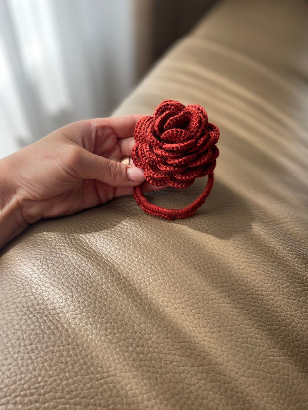 Hand-Crocheted Merino Wool Flower Scrunchie Rust