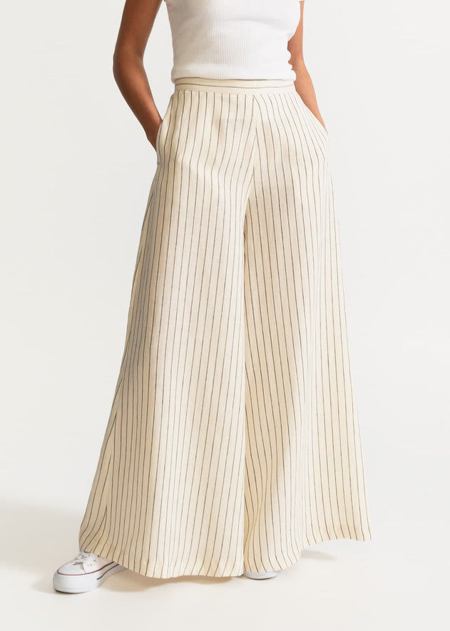 Women's Palazzo Linen Pants  White Stripes