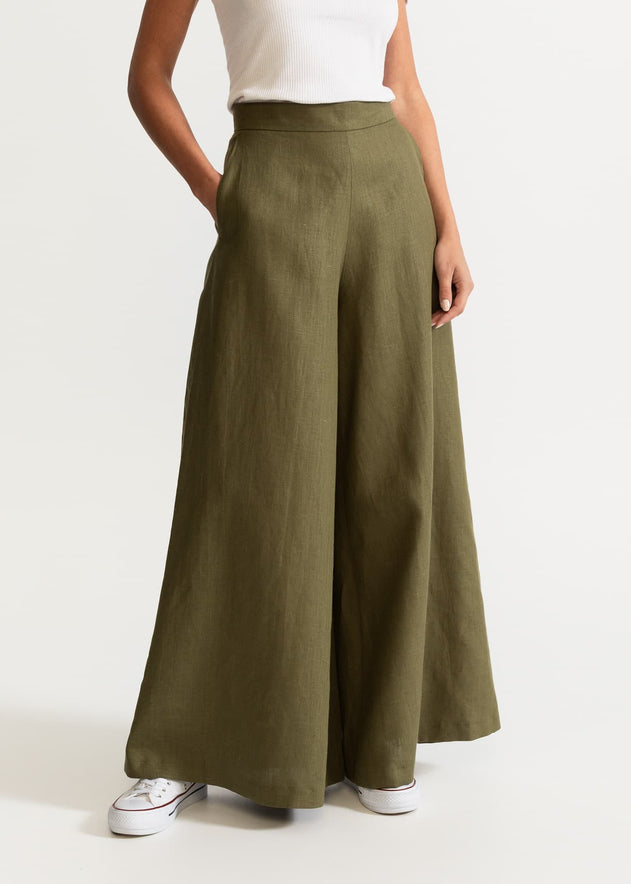 Women's Palazzo Linen Pants  Khaki