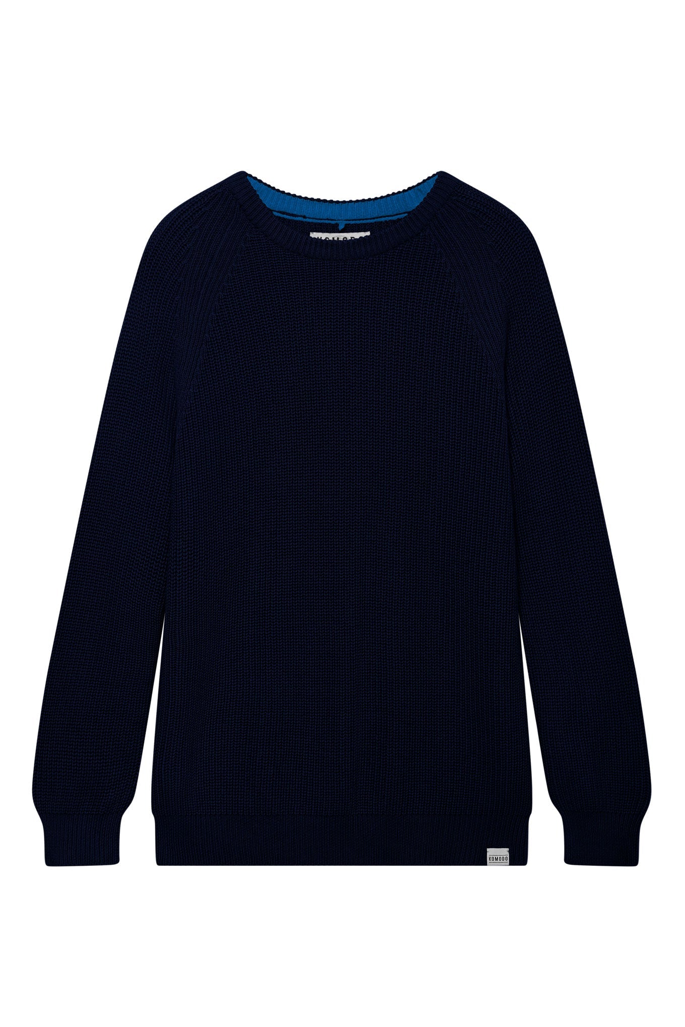 Woman wearing Komodo navy organic cotton rib knit jumper