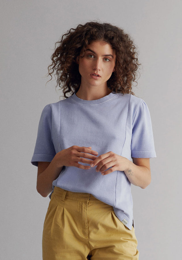 Lavender organic cotton sweater, front view