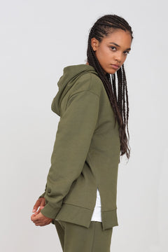 Gauzy Hoodie With Side Slits Military Green