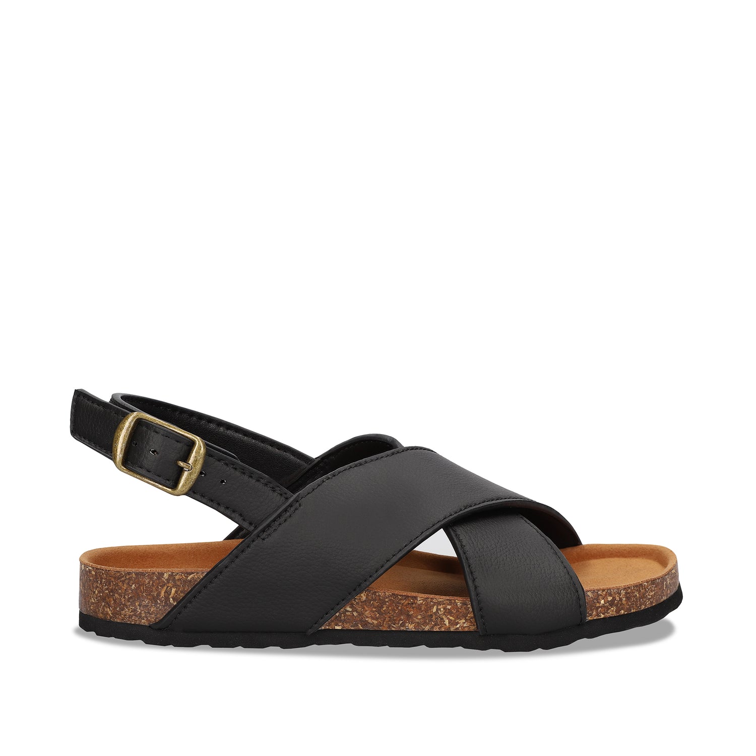 A black sandal with a criss-cross design and a cork insole, with a buckle strap on the ankle.
