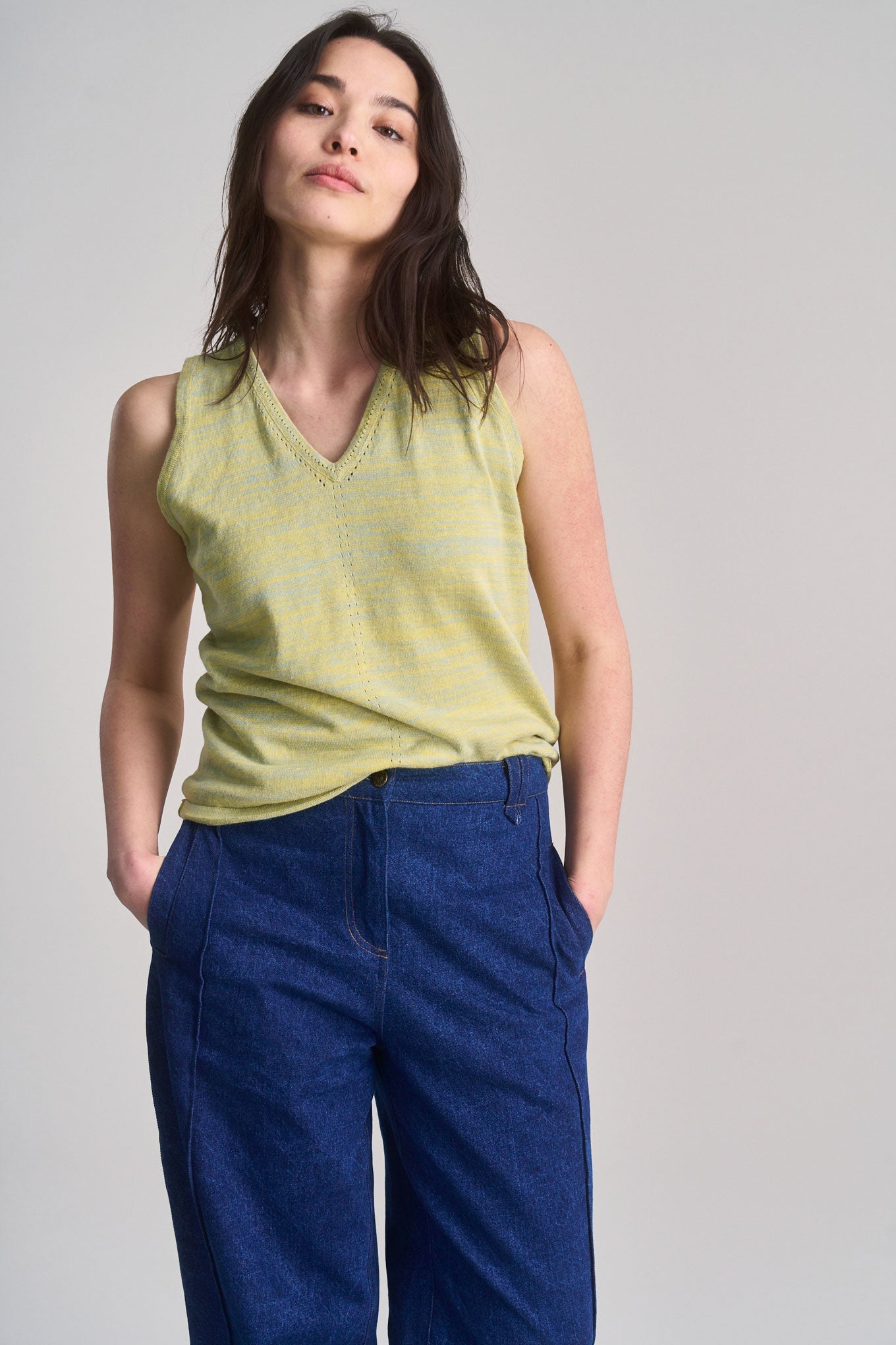 Mala Organic Linen Blend Vest Straw & Sage