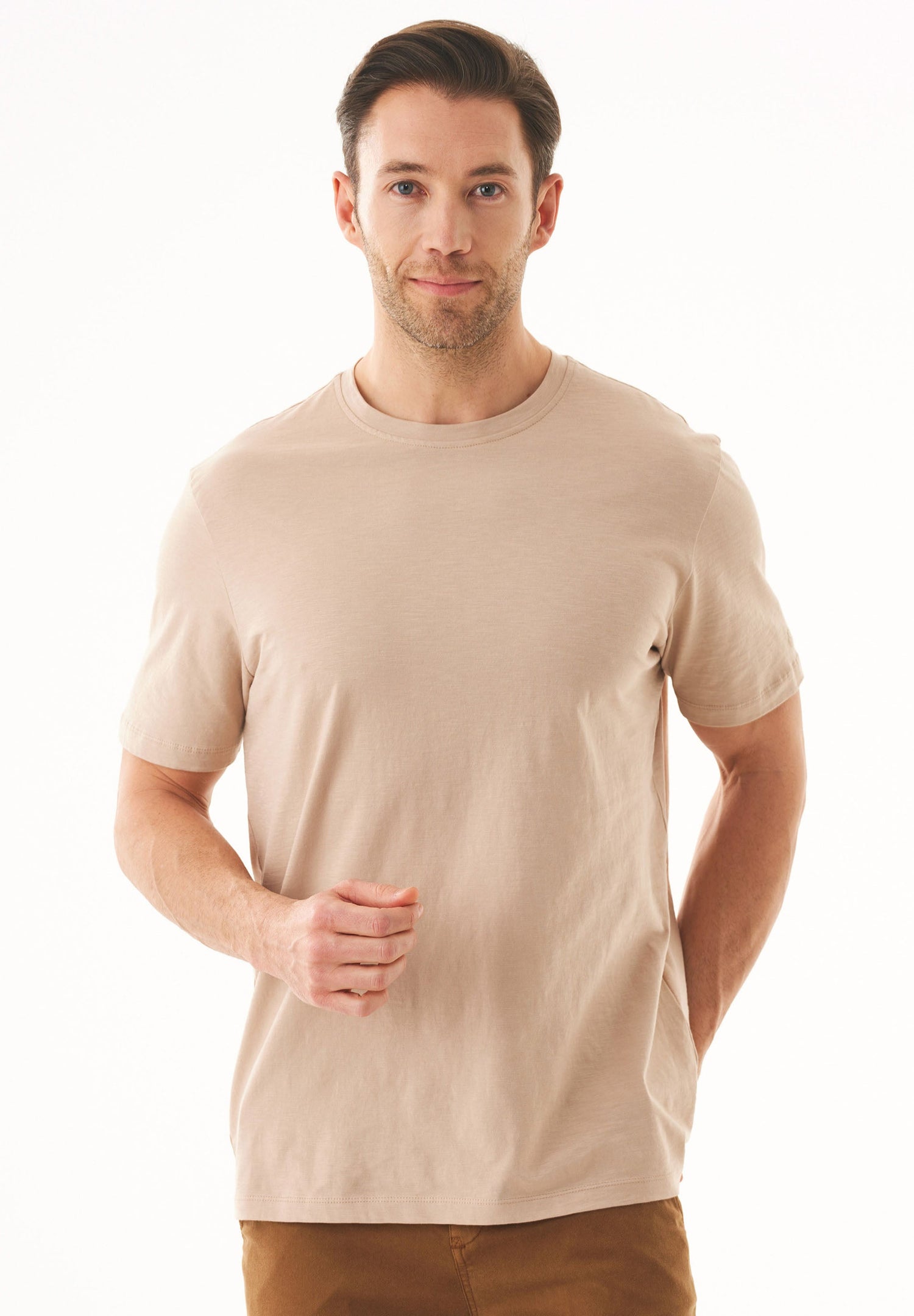 Men's Basic Round Neck T-Shirt Beige