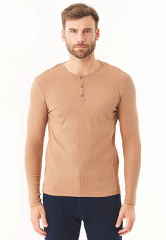 Men's Long-Sleeved Ribbed Henley Shirt Light Brown