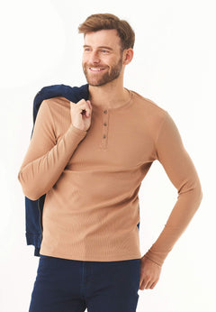 Men's Long-Sleeved Ribbed Henley Shirt Light Brown