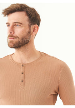 Men's Long-Sleeved Ribbed Henley Shirt Light Brown