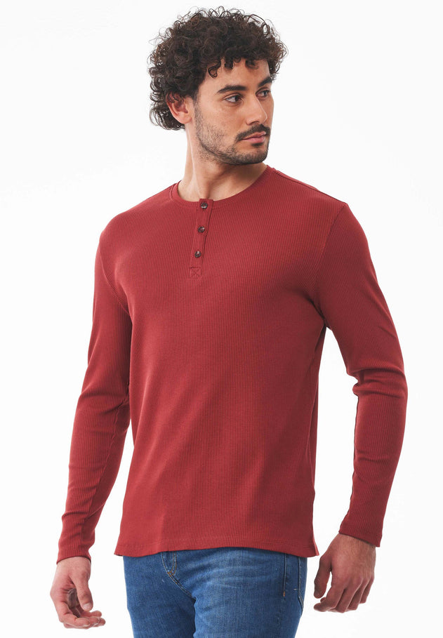 Men's Long-Sleeved Ribbed Henley Shirt Merlot